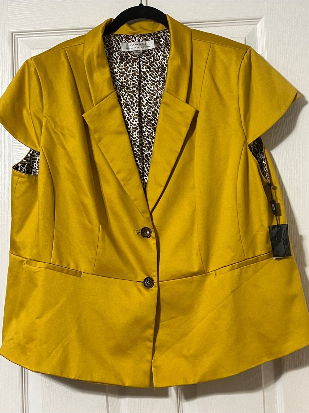 Tahari ASL Mustard Yellow Short-Sleeve Blazer with Leopard Lining Sz.  20W